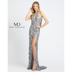 Mac Duggal Silver Sequin Halter Gown with Thigh Slit